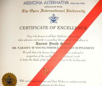 Doctorate and Awards of Excellence from Medicina Alternativa (Alma Ata 1962, Affiliated with The Open International University)