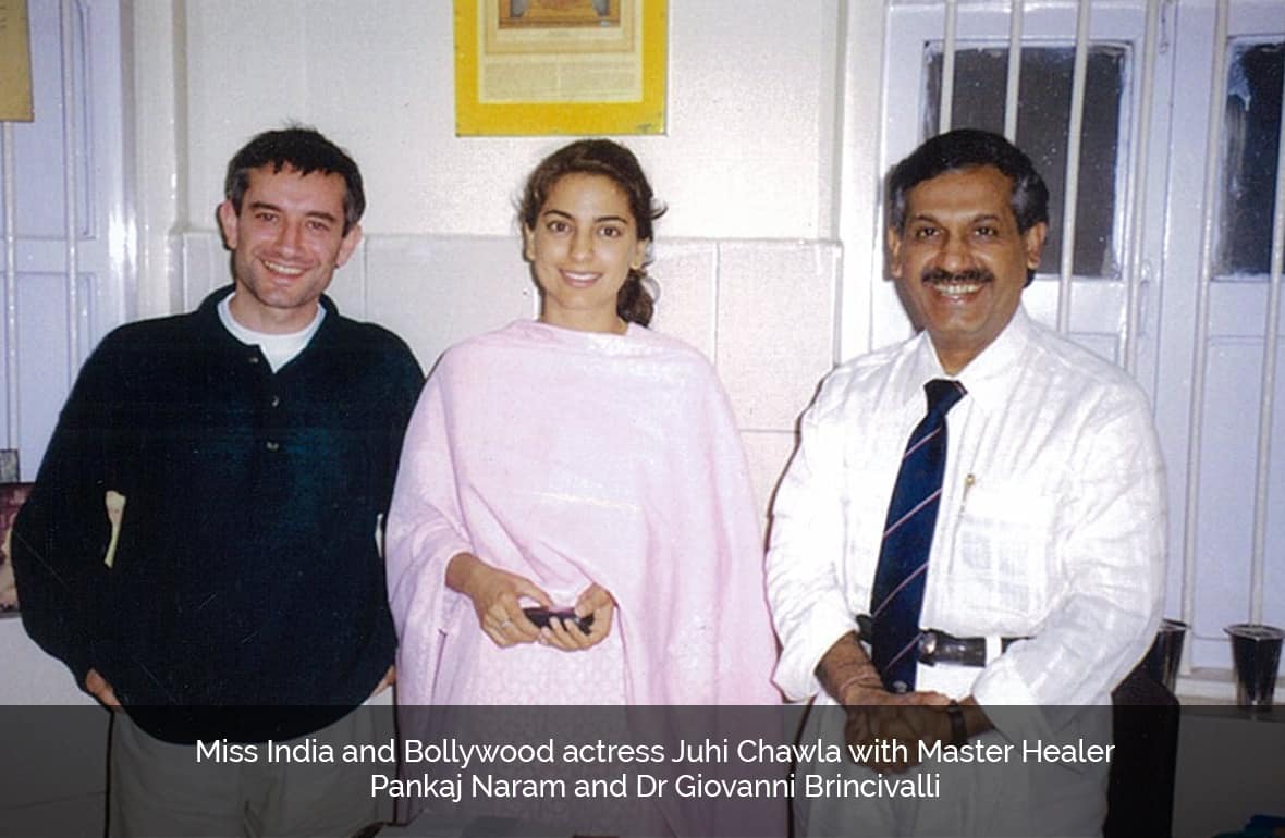 Miss India and Bollywood actress Juhi Chawla with Master Healer Dr. Pankaj Naram and Dr. Giovanni Brincivalli
